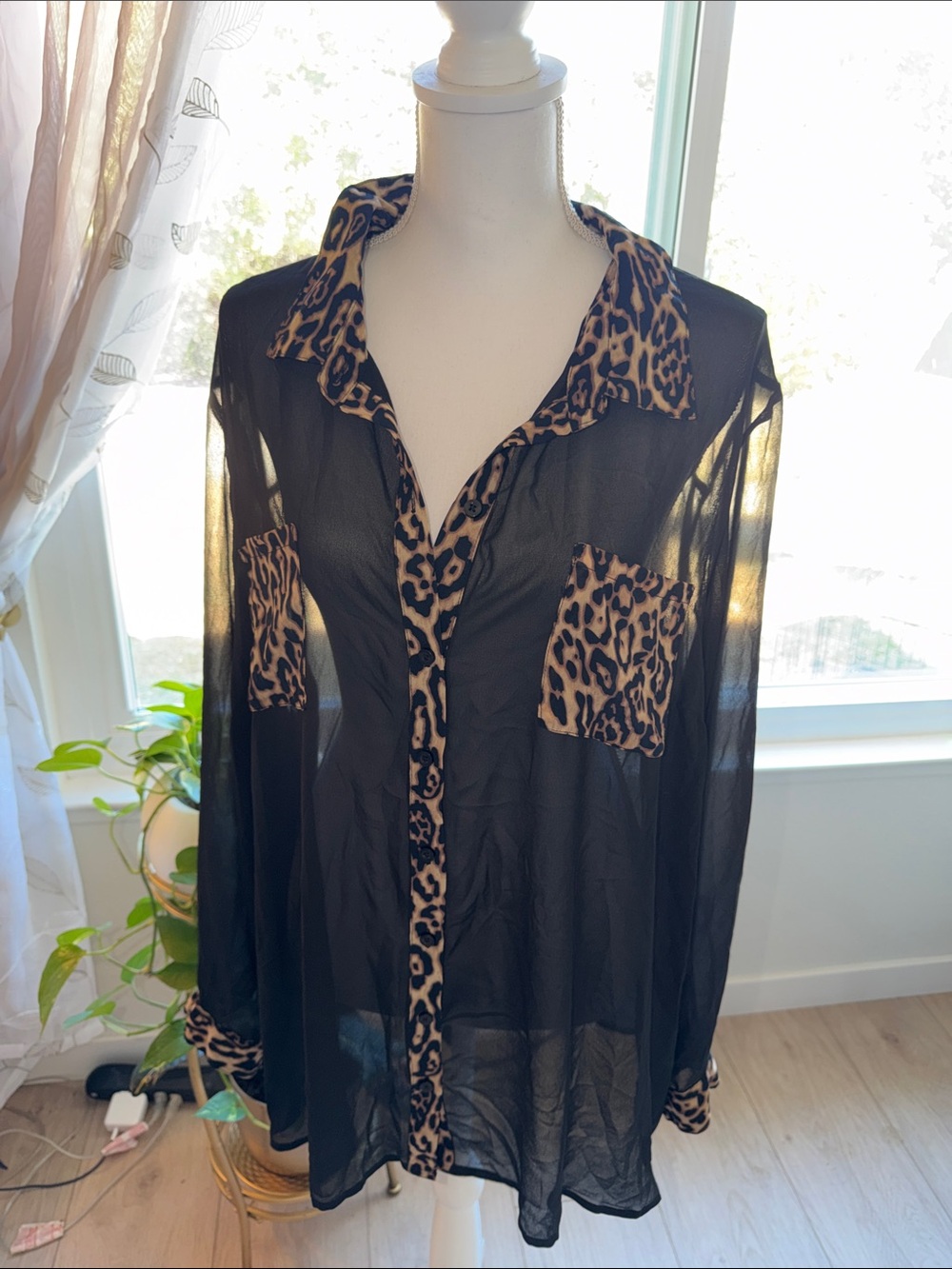 torrid Black Sheer Button-Down with Leopard Trim